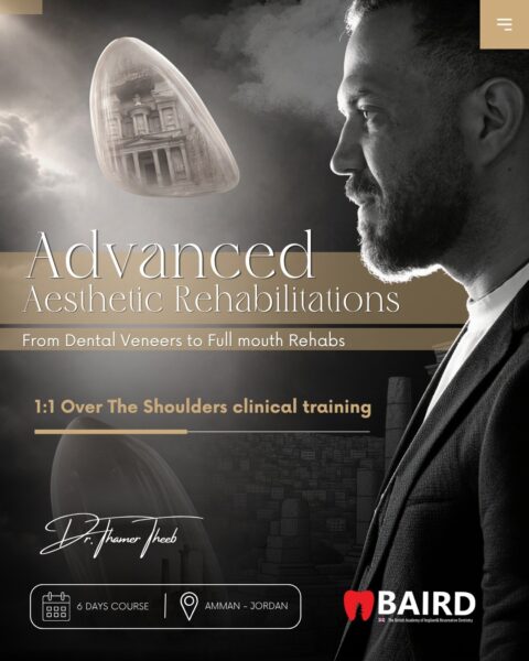 Course poster: Advanced Aesthetic Rehabilitations, 1:1 over-the-shoulder clinical training, 6 days, Amman